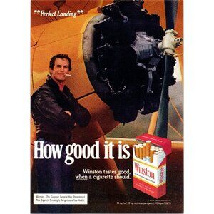 1973 Winston Cigarettes Vintage Print Ad Leather Bomber Yellow Biplane Wall Art